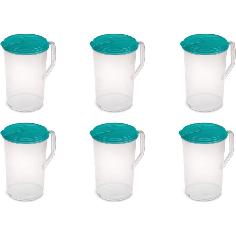 imageSterilite 1 Gallon Round Pitcher Spout and Handle for Easy Pouring of Water or Juice Plastic Dishwasher Safe Plastic Clear wTeal Lid 6Pack