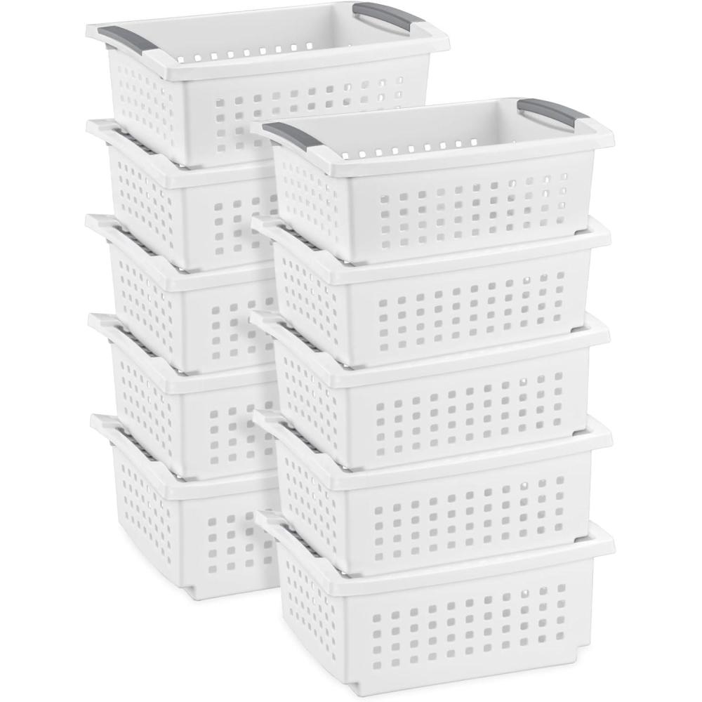 imageSterilite 10Pack Medium Stacking Basket Open Top Plastic Storage Organizer White Stackable Crate Containers for Countertop Cabinet Pantry Shelf Laundry Room Bathroom amp Home OfficeMedium