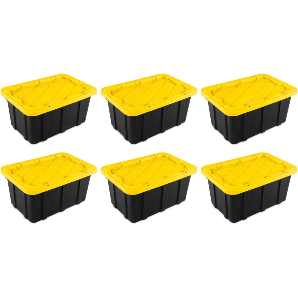imageSterilite 17 Gal Industrial Tote Stackable Storage Bin with SnapFit Lid for Garage Basement amp Attic Storage Black Base and Yellow Lily Lid 6Pack17 Gallon