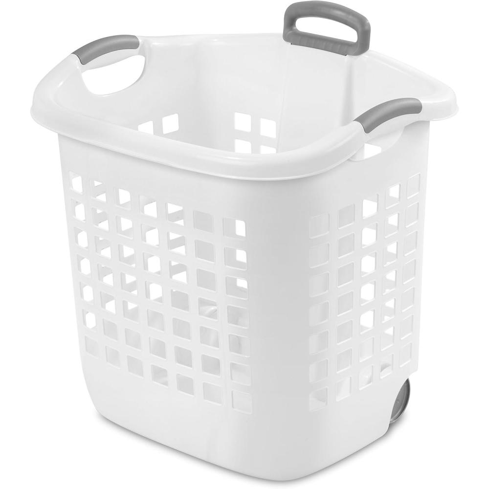 imageSterilite 175 Bushel Ultra Wheeled Laundry Basket Handle and Wheels for Easy Rolling of Clothes to and from the Laundry Room Plastic White 4PackBasket