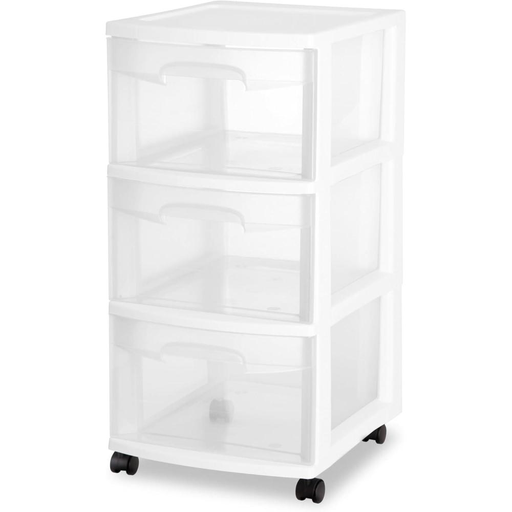 imageSterilite 2 Pack Plastic Storage Organizer 3 Drawer Rolling Bin Cart Closet Organization WhiteWhite