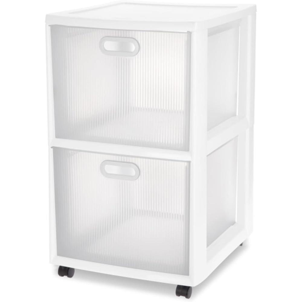 imageSterilite 2 Pack Ultra 2 Drawer Storage Cart Plastic Rolling Filing Organizer with Wheels White4 Pack