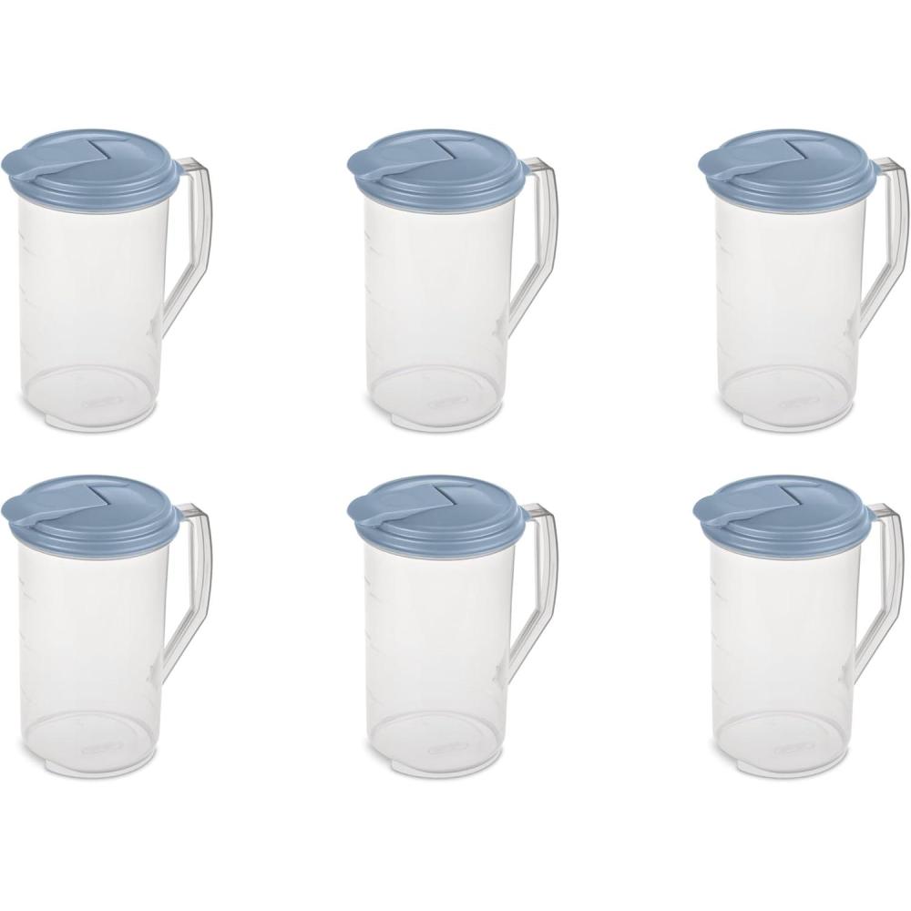 imageSterilite 2 Qt Round Pitcher Spout and Handle for Easy Pouring of Water or Juice Plastic Dishwasher Safe Clear wBlue Lid 6Pack