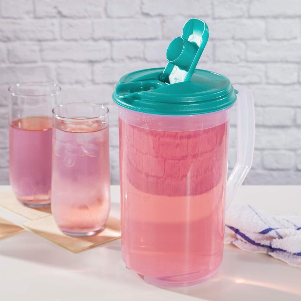 imageSterilite 2 Qt Round Pitcher Spout and Handle for Easy Pouring of Water or Juice Plastic Dishwasher Safe Clear wTeal Lid 6Pack
