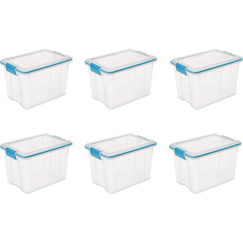 imageSterilite 20 Qt Gasket Box Stackable Storage Bin with Latching Lid and Tight Seal Plastic Container to Organize Basement Clear Base and Lid 6Pack