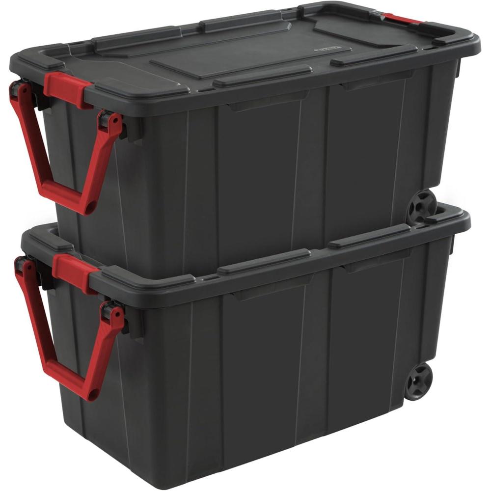 imageSterilite 2Pack Industrial Tote HeavyDuty Storage Bins w Lids and Wheels 40 Gallon Stackable Organizing Containers for Home Garage Office and BasementBlack