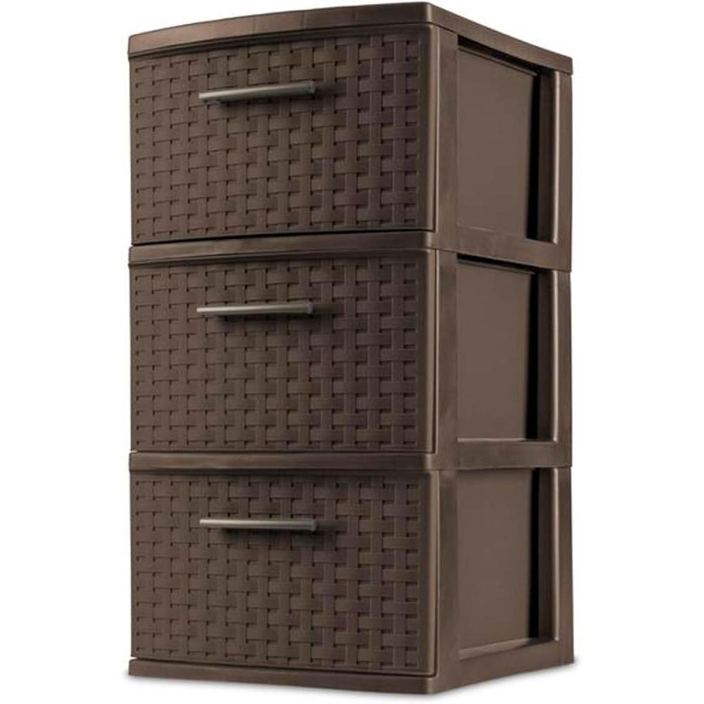 imageSterilite 3 Drawer Plastic Wicker Weave Decorative Storage Organization Container Cabinet Tower with Driftwood Handles Espresso 2 Pack