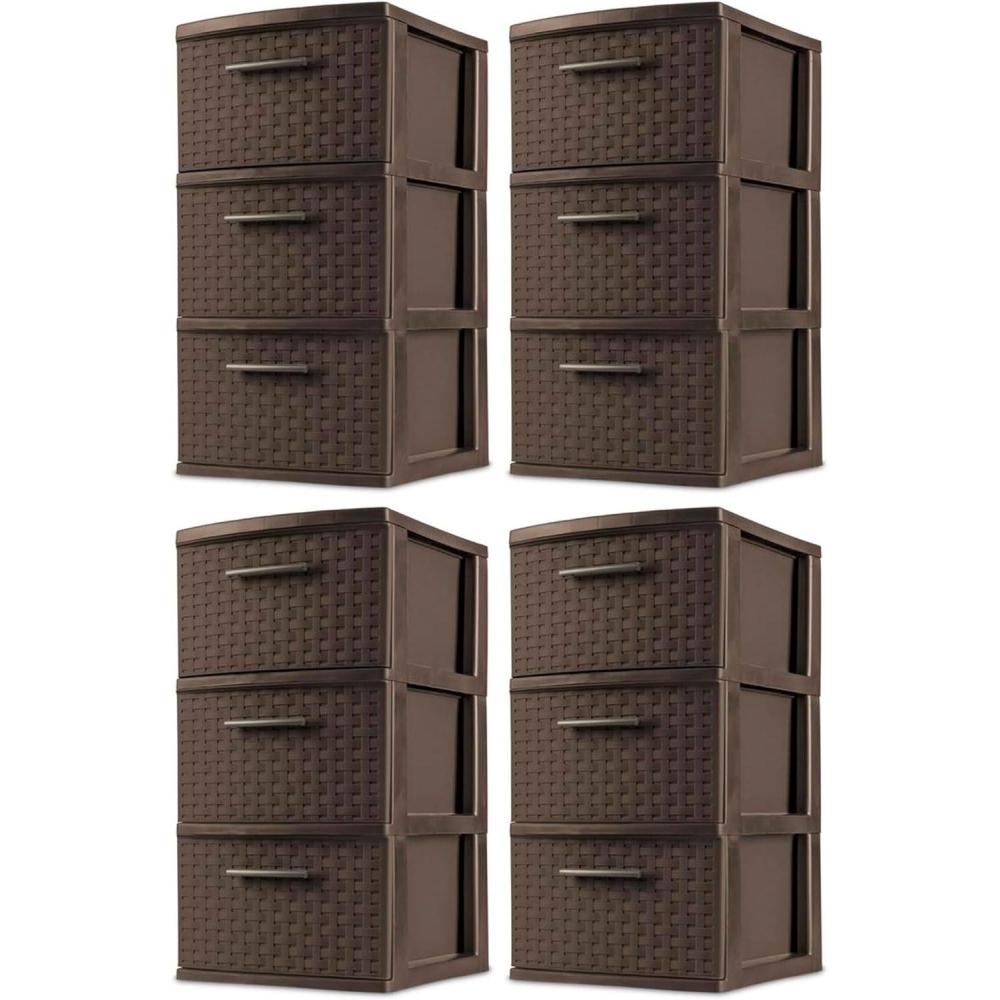 imageSterilite 3 Drawer Storage Tower Plastic Decorative Weave Organizer Drawers for Dorm Closet Bedroom or Craft Room Organization 4 Pack Espresso