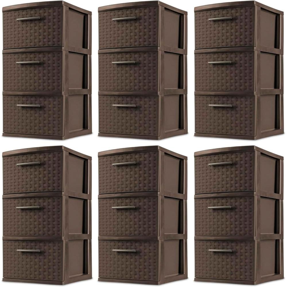 imageSterilite 3 Drawer Storage Tower Plastic Decorative Weave Organizer Drawers for Dorm Closet Bedroom or Craft Room Organization 6 Pack Espresso