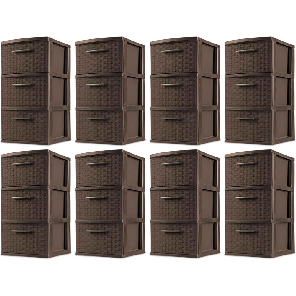 imageSterilite 3 Drawer Storage Tower Plastic Decorative Weave Organizer Drawers for Dorm Closet Bedroom or Craft Room Organization 8 Pack Espresso