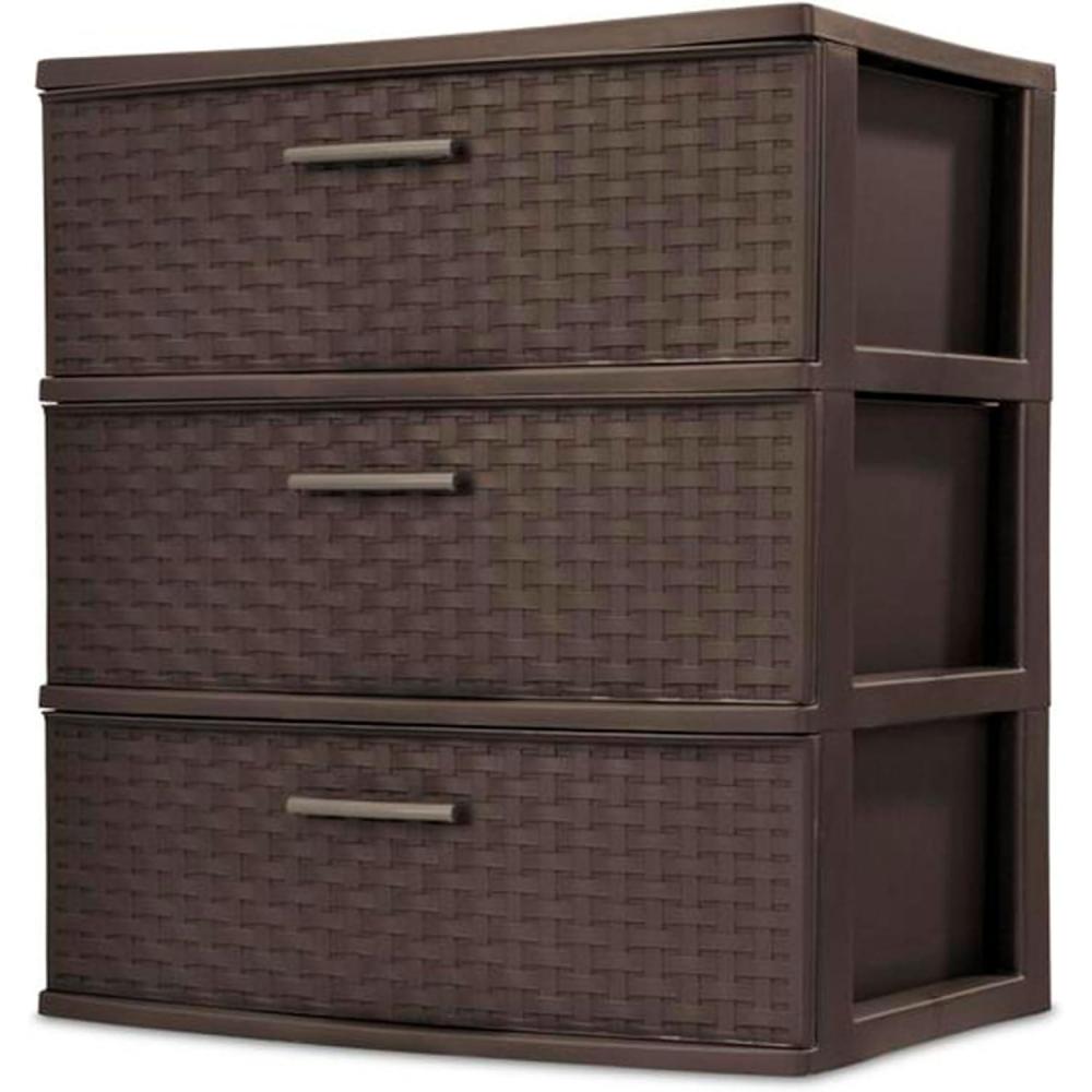 imageSterilite 3 Drawer Wide Weave Storage Tower Plastic Decorative Drawers to Organize Clothes in Bedroom Closet Brown with Brown Drawers 1Pack1 Pack