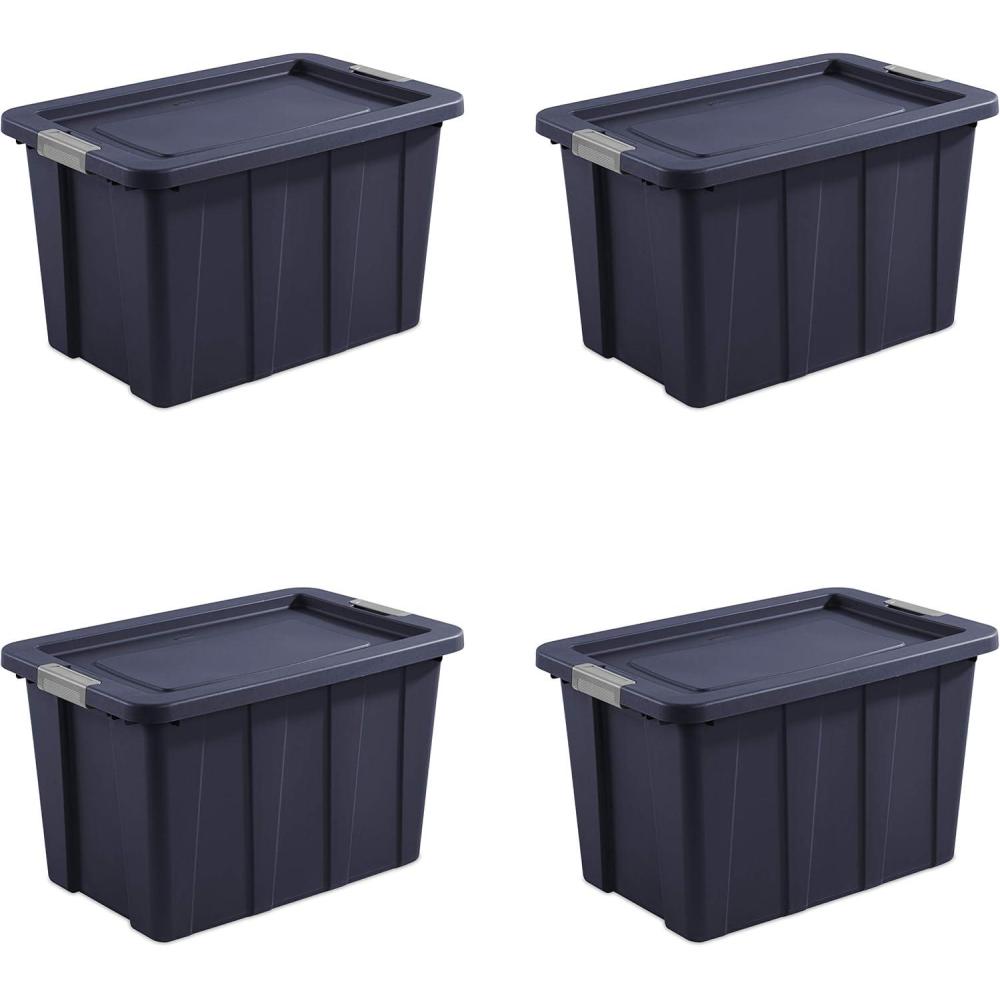 imageSterilite 30 Gal Latching Tuff1 Storage Tote Stackable Bin with Latch Lid Plastic Container to Organize Garage Basement Blue Base and Lid 4Pack
