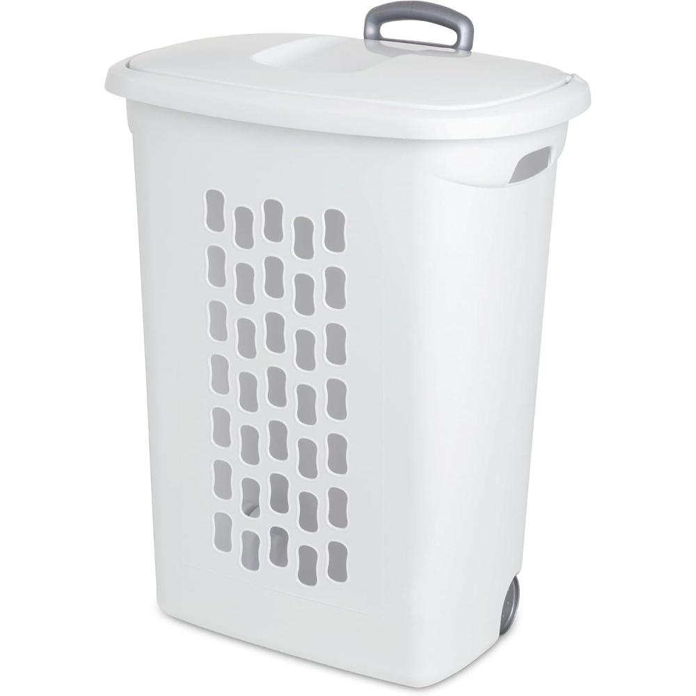 imageSterilite 3Pack Ultra Wheeled Hamper Laundry Basket w FlipTop Lid amp Retractable Handle  Plastic Rolling Clothes Storage Cart with Ventilated Holes for Home Apartment or DormOne Size
