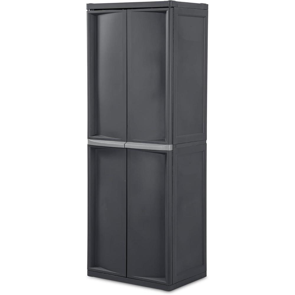 imageSterilite 4 Shelf Cabinet Lockable Utility Storage w Adjustable Shelves Gray Plastic Shelving Unit for Organizing Garage Pantry Basement Laundry Room or Mudroom2