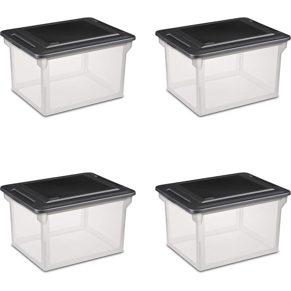 imageSterilite 4Pack File Box Clear Storage Tote with Black Lid for Letter amp Legal Hanging Folders Stackable Plastic Document and Paper Organizer for Home Office and Dorm Organization4 Pack