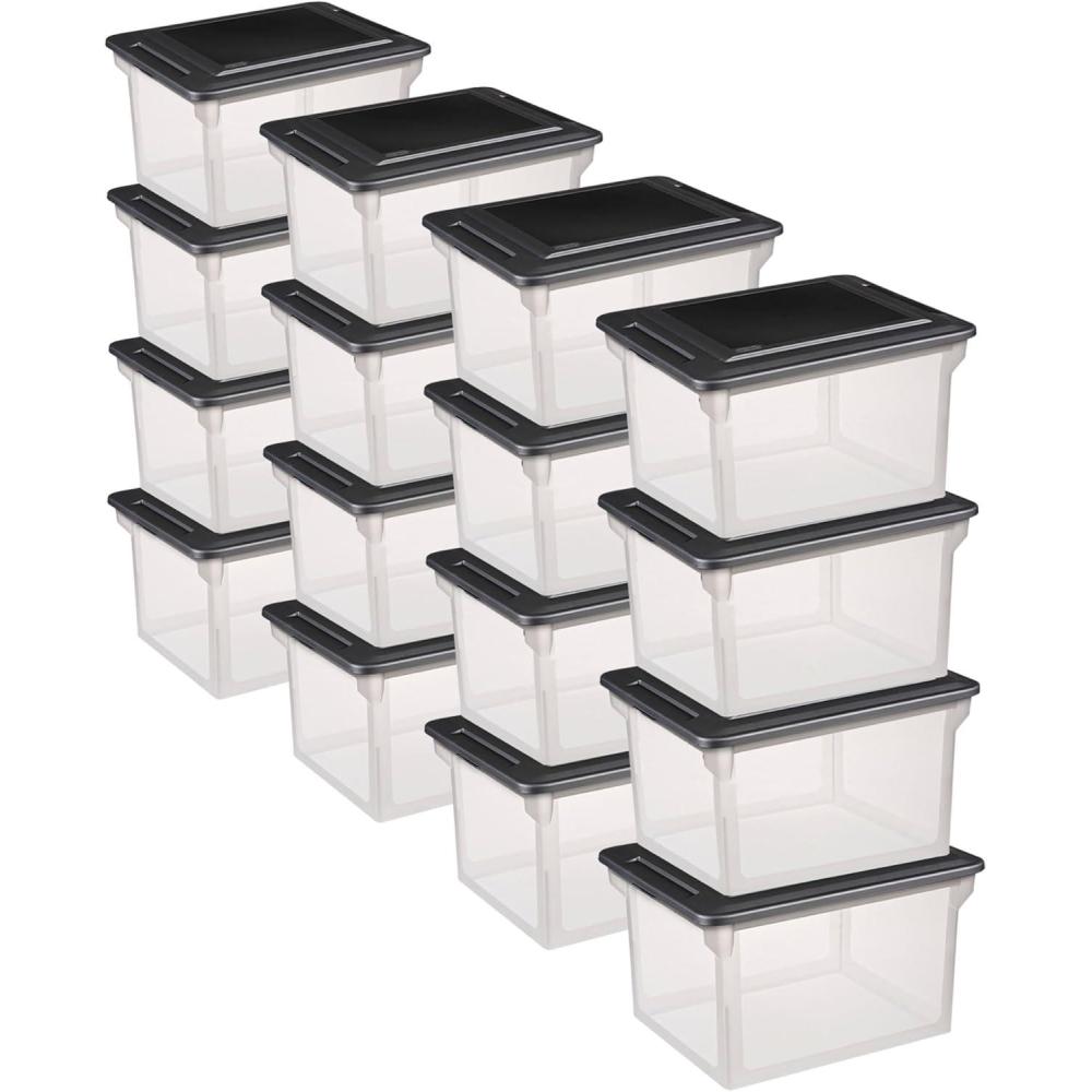 imageSterilite 4Pack File Box Clear Storage Tote with Black Lid for Letter amp Legal Hanging Folders Stackable Plastic Document and Paper Organizer for Home Office and Dorm Organization16 Pack