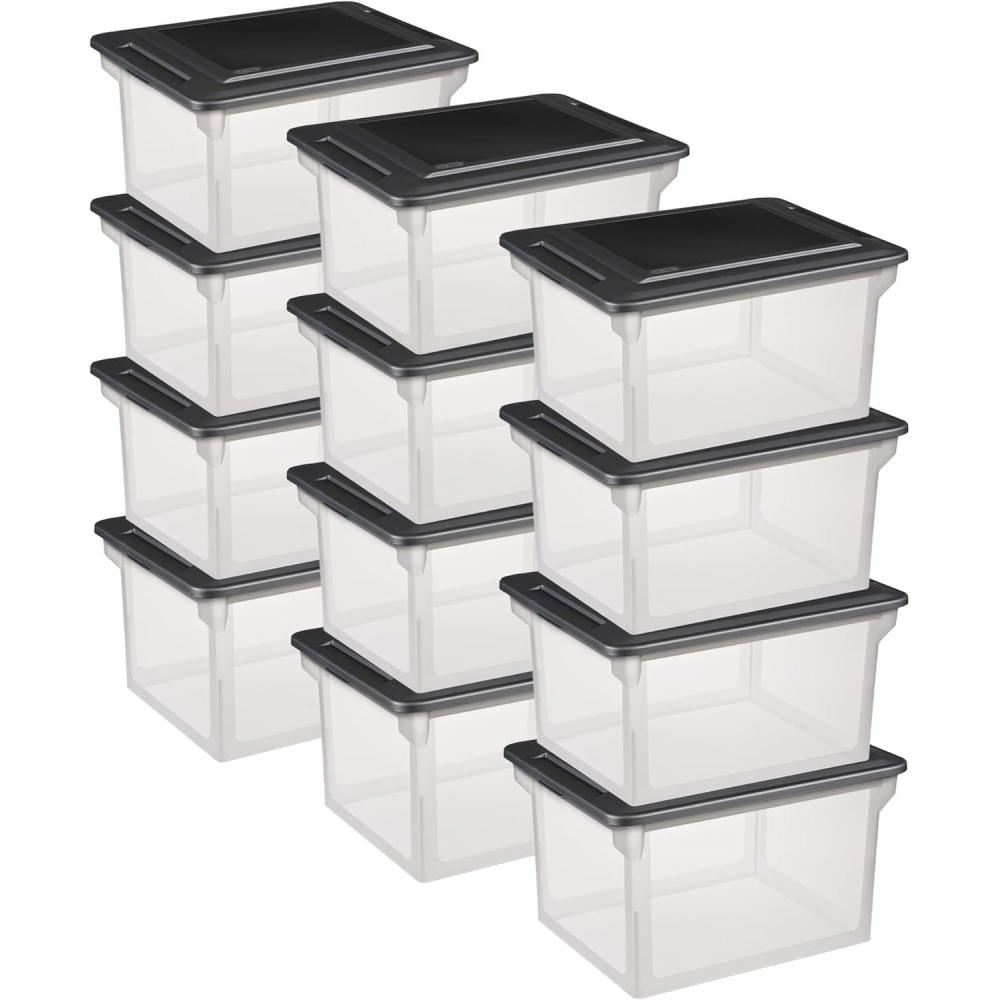 imageSterilite 4Pack File Box Clear Storage Tote with Black Lid for Letter amp Legal Hanging Folders Stackable Plastic Document and Paper Organizer for Home Office and Dorm Organization12 Pack