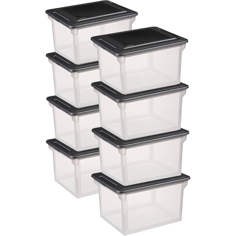 imageSterilite 4Pack File Box Clear Storage Tote with Black Lid for Letter amp Legal Hanging Folders Stackable Plastic Document and Paper Organizer for Home Office and Dorm Organization8 Pack