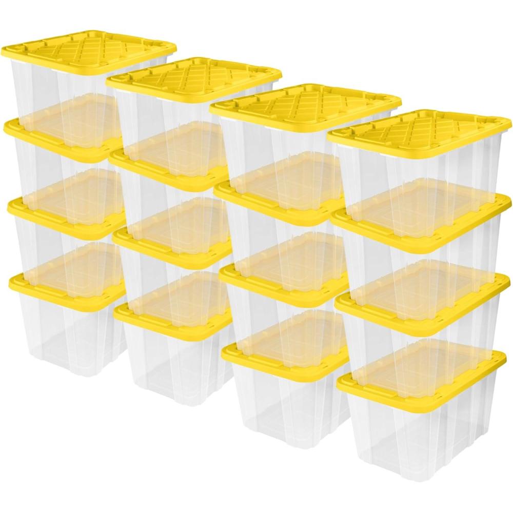 imageSterilite 4Pack Industrial Storage Box Plastic Container Bins wLids 27 Gallon Yellow HeavyDuty Organizing Containers for Closet Bathroom and Office16 Pack