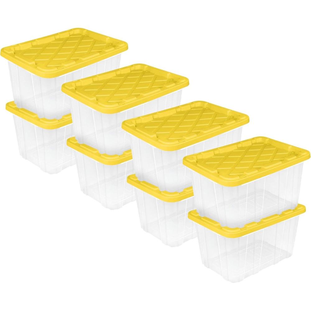 imageSterilite 4Pack Industrial Storage Box Plastic Container Bins wLids 27 Gallon Yellow HeavyDuty Organizing Containers for Closet Bathroom and Office8 Pack