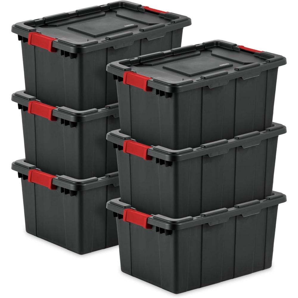 imageSterilite 4Pack Industrial Tote Plastic Storage Bins with Lids 27 Gallon Black HeavyDuty Organizing Containers for Closet Bathroom and Office15 Gallon