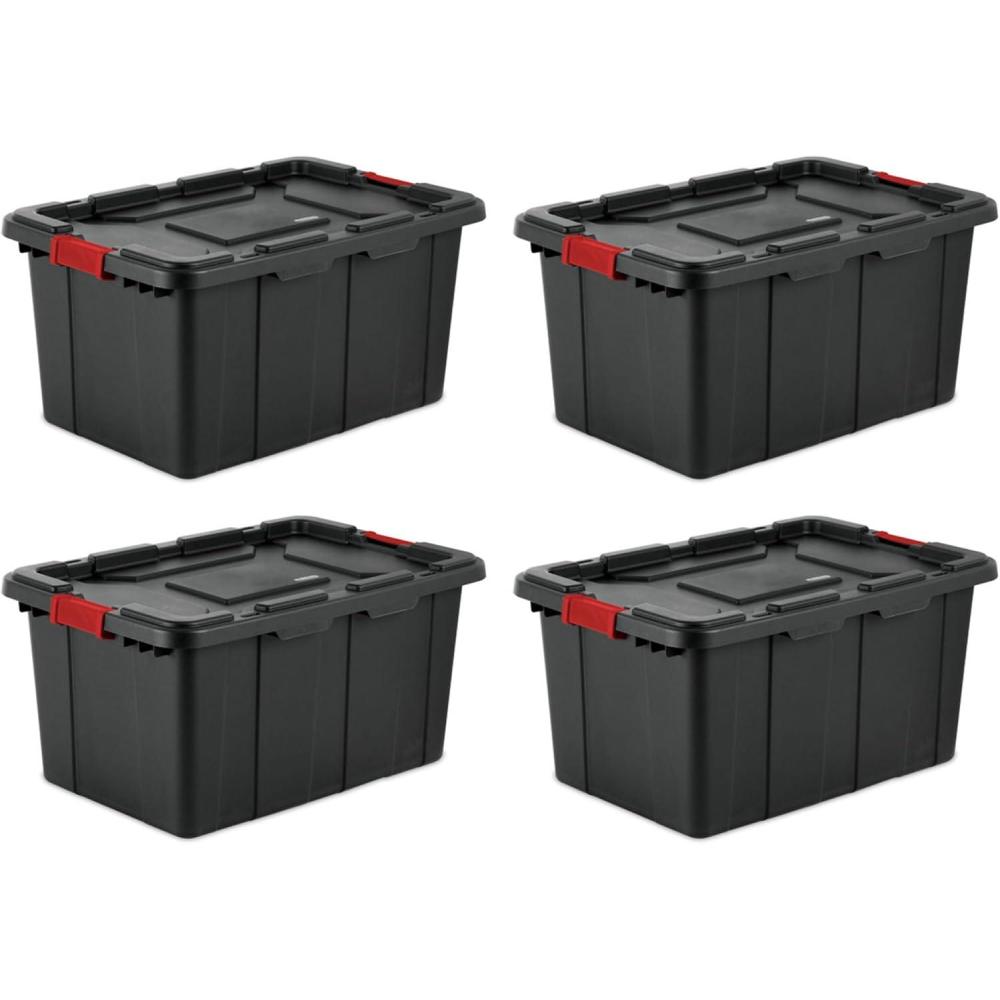 imageSterilite 4Pack Industrial Tote Plastic Storage Bins with Lids 27 Gallon Black HeavyDuty Organizing Containers for Closet Bathroom and Office27 Gallon
