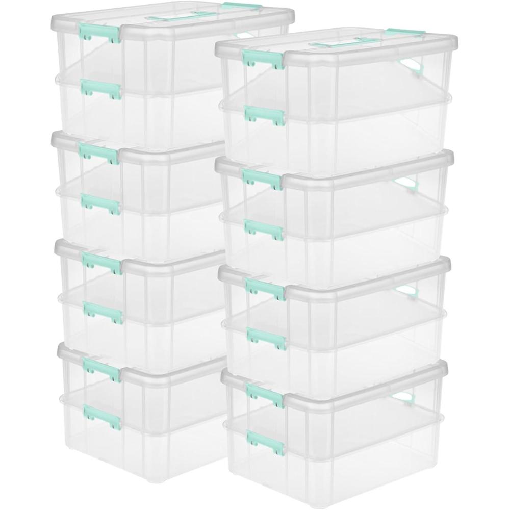 imageSterilite 4Pack Stack amp Carry 2 Layer Handle Box for Home amp Office Storage  Clear Base amp Lid with Color Latches Organizer for Art amp Craft Supplies Sewing Tools or 85 x 11 Paper8 Pack