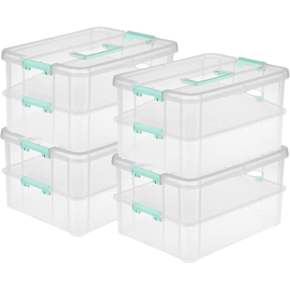 imageSterilite 4Pack Stack amp Carry 2 Layer Handle Box for Home amp Office Storage Clear Base amp Lid with Color Latches Organizer for Art amp Craft Supplies Sewing Tools or 85 x 11 Paper4 Pack