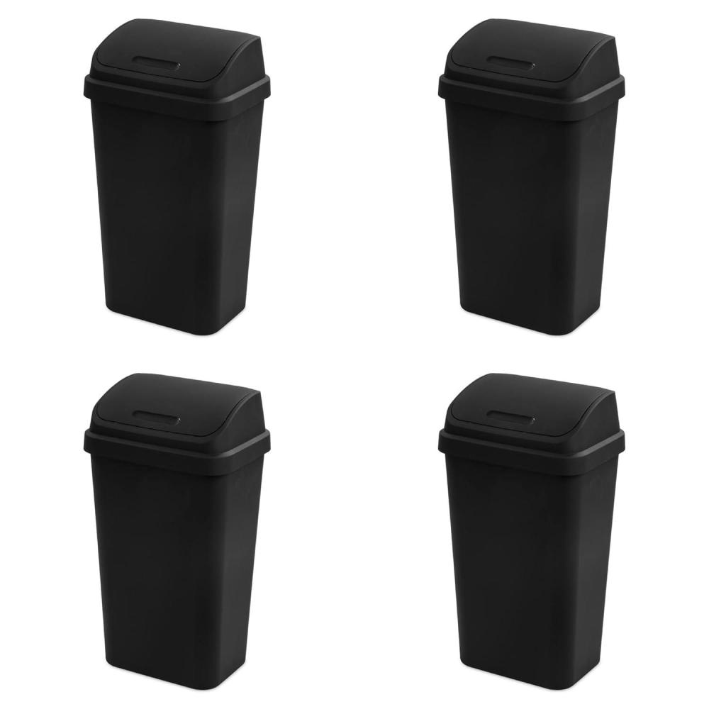 imageSterilite 4Pack Swing Top Wastebasket Sleek Square Profile Trash Can 13 Gallon Black Modern Garbage Bin for Kitchen Bathroom Garage and Workspace Fits 13 Gal LinersBlack