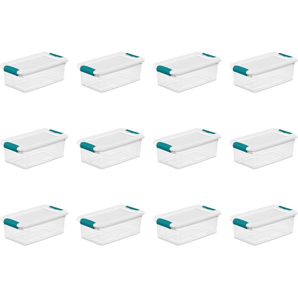 imageSterilite 6 Qt Latching Storage Box Stackable Bin with Latch Lid Plastic Container to Organize Shoes on Closet Shelf Clear with White Lid 12Pack