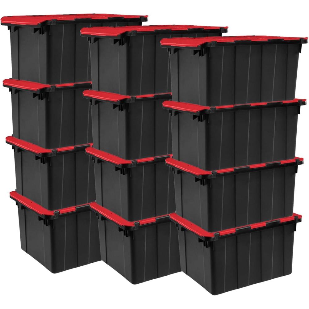 imageSterilite 6Pack 12 Gallon Hinged Lid Industrial Tote HeavyDuty Plastic Organizer Stackable Multipurpose Home Storage Bins with Contoured Handles for Garage Basement or Attic Organization12 Pack