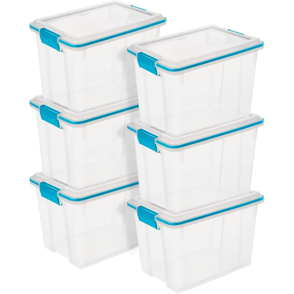 imageSterilite 6Pack Gasket Box WeatherResistant Storage Bins with Latching Lids 20 Quart HeavyDuty Organizing Containers for Closet Bathroom and Office20 Quart