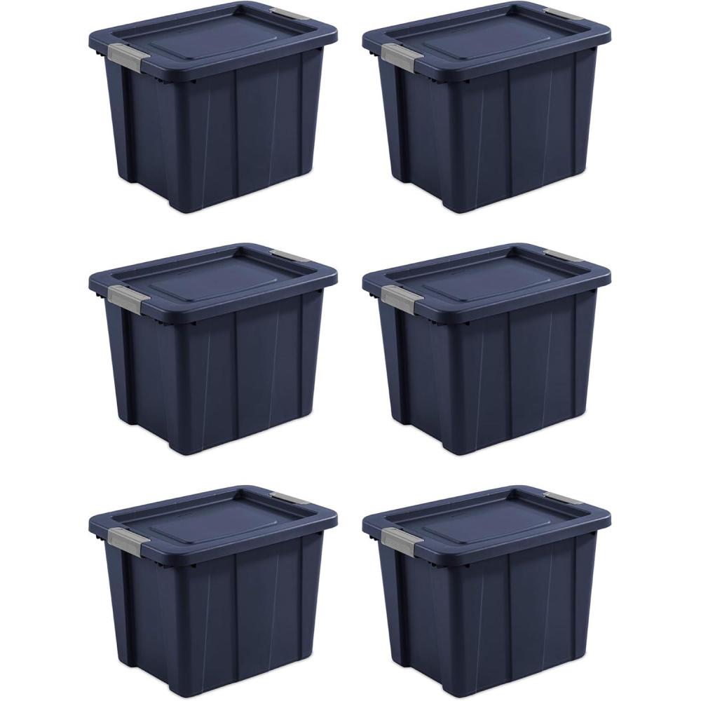 imageSterilite 6Pack Multipurpose Storage Bins with Latching Lids Heavy Duty Tote Bins 18 Gallon Flat Gray Stackable Plastic Storage Container TubsDark Indigo