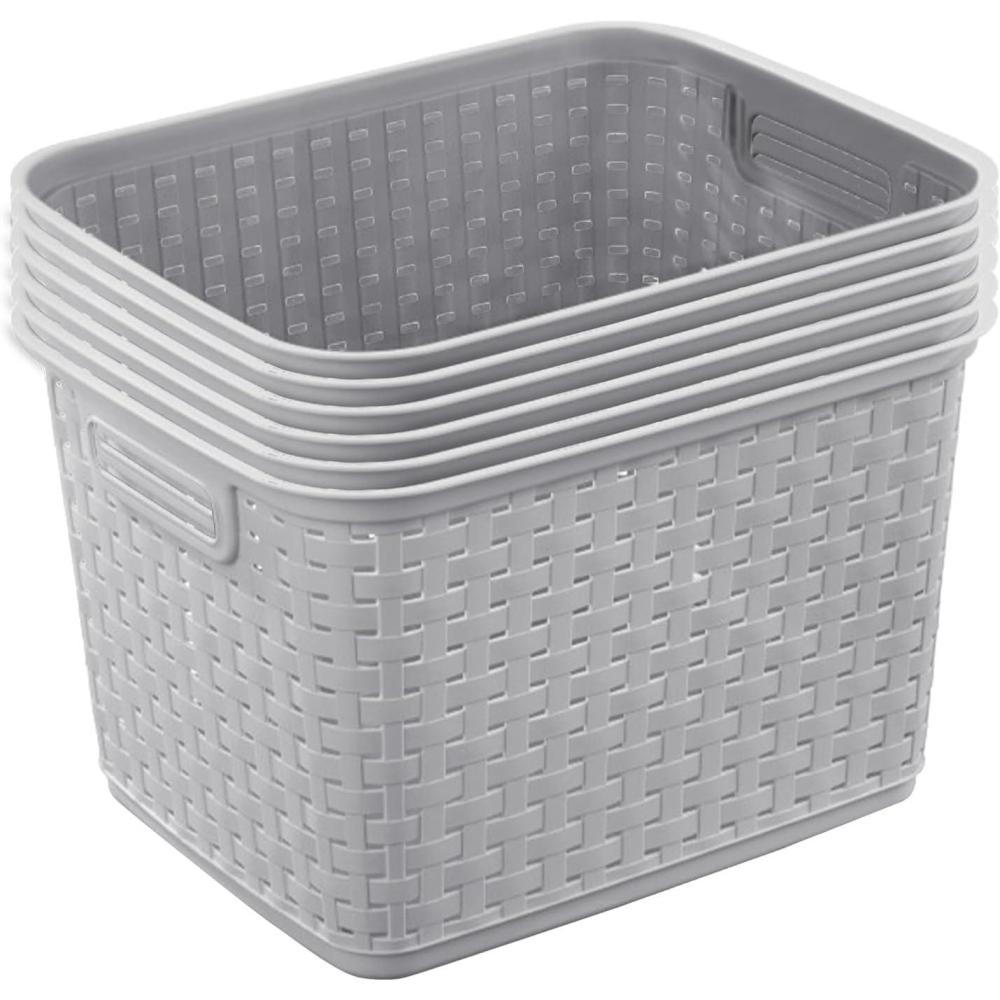 imageSterilite 6Pack Tall Weave Basket Woven Plastic Storage Baskets for Organization Cement Gray Organizing Bin Containers with Handles for Bedroom Bathroom Dorm Laundry Room and ClosetCement
