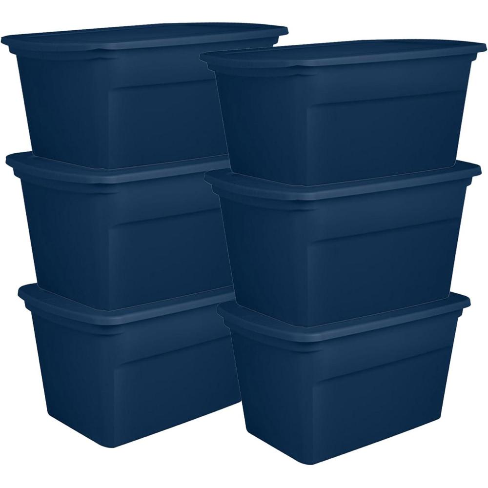 imageSterilite 6Pack Tote Plastic Storage Bins with Snap Lids 30 Gallon Marine Blue Stackable Home Organizers with InMolded Handles for Bedroom Garage Basement and AtticMarine Blue
