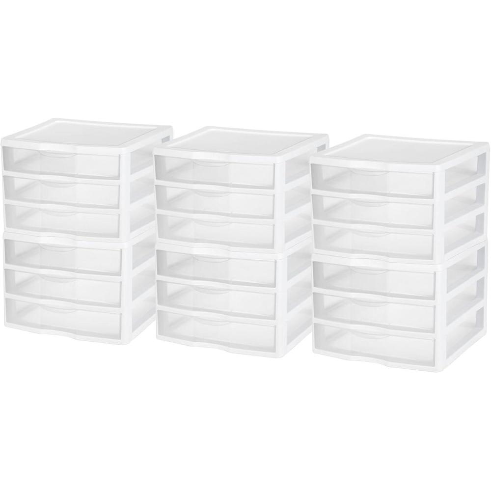imageSterilite 6Pack Wide 3 Drawer Unit Plastic Desktop Organizer with Clear Drawers White Frame  Stackable MultiPurpose Storage for Office Supplies Craft Rooms Classrooms and Home Organization6 Pack