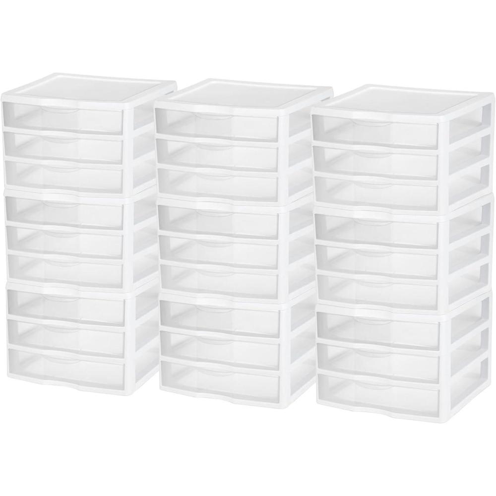imageSterilite 6Pack Wide 3 Drawer Unit Plastic Desktop Organizer with Clear Drawers White Frame Stackable MultiPurpose Storage for Office Supplies Craft Rooms Classrooms and Home Organization9 Pack