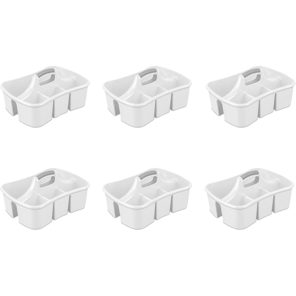 imageSterilite Divided Ultra Caddy Plastic Portable Storage to Hold Bathroom and Cleaning Supplies 5 Large Compartments and Handle White 6Pack