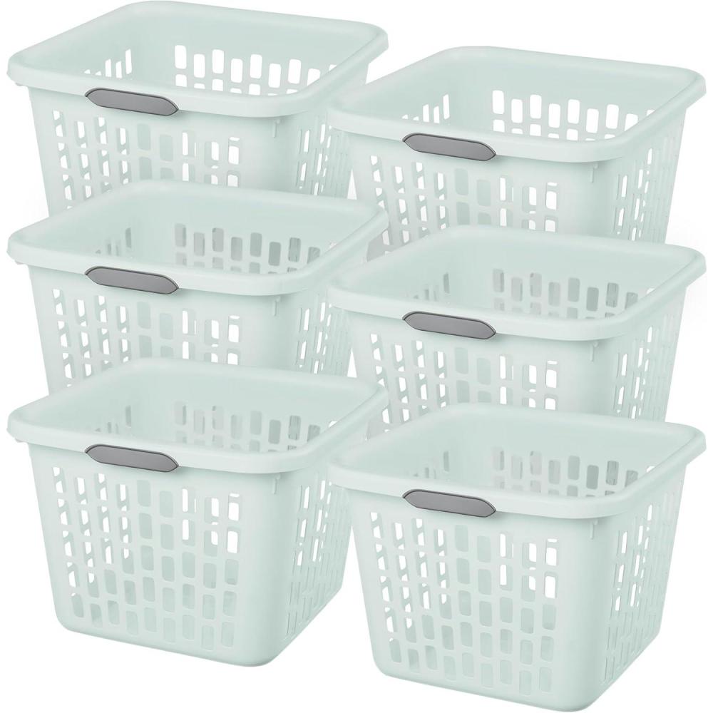 imageSterilite Laundry Basket Plastic Clothes Hamper Large Square Bin with Comfort Grip Handles and Reinforced Rim 15 Bushel Capacity Mint 6 Pack10 Bushel Mint