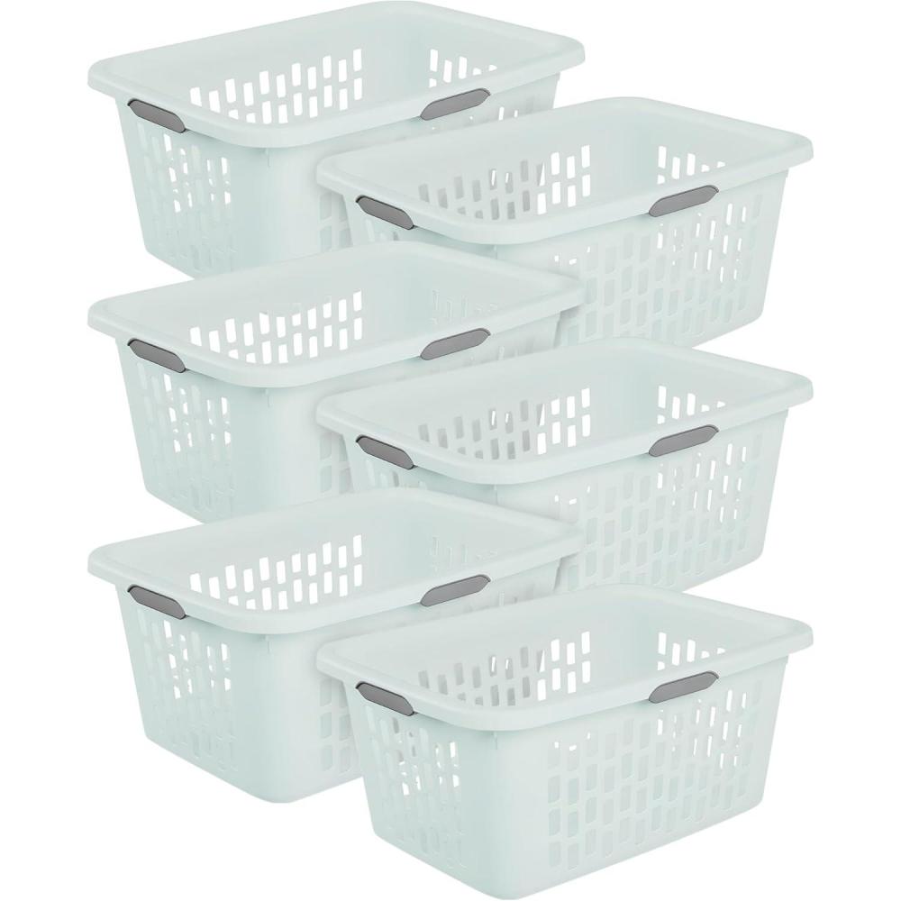 imageSterilite Laundry Basket Plastic Clothes Hamper Large Square Bin with Comfort Grip Handles and Reinforced Rim 15 Bushel Capacity Mint 6 Pack20 Bushel Mint