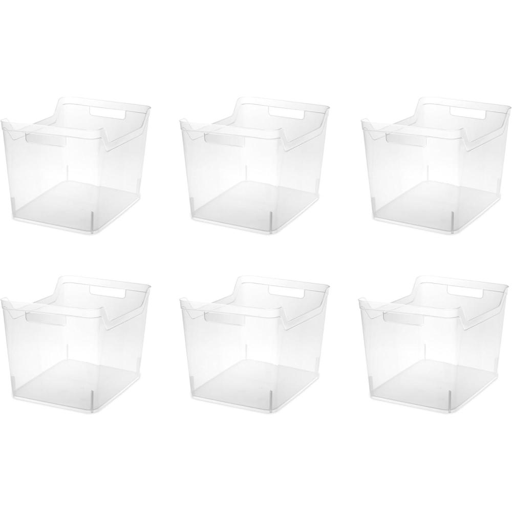 imageSterilite Narrow Shelf Bin with Handles Plastic Storage Container for Organizing Shelving Closet Pantry and Countertops Clear 6PackWide