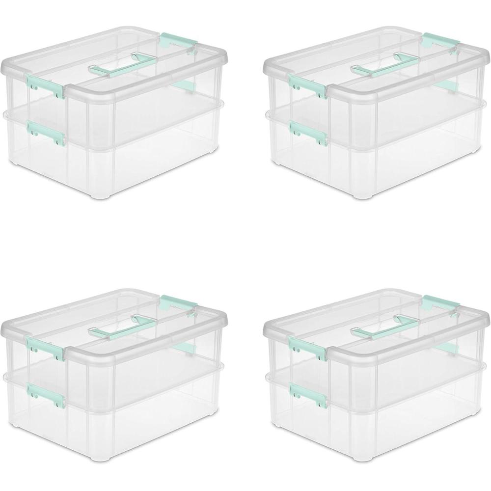 imageSterilite Stack and Carry 2 Layer Handle Box Stackable Plastic Small Storage Container with Latching Lid Bin to Organize Crafts Clear 4Pack