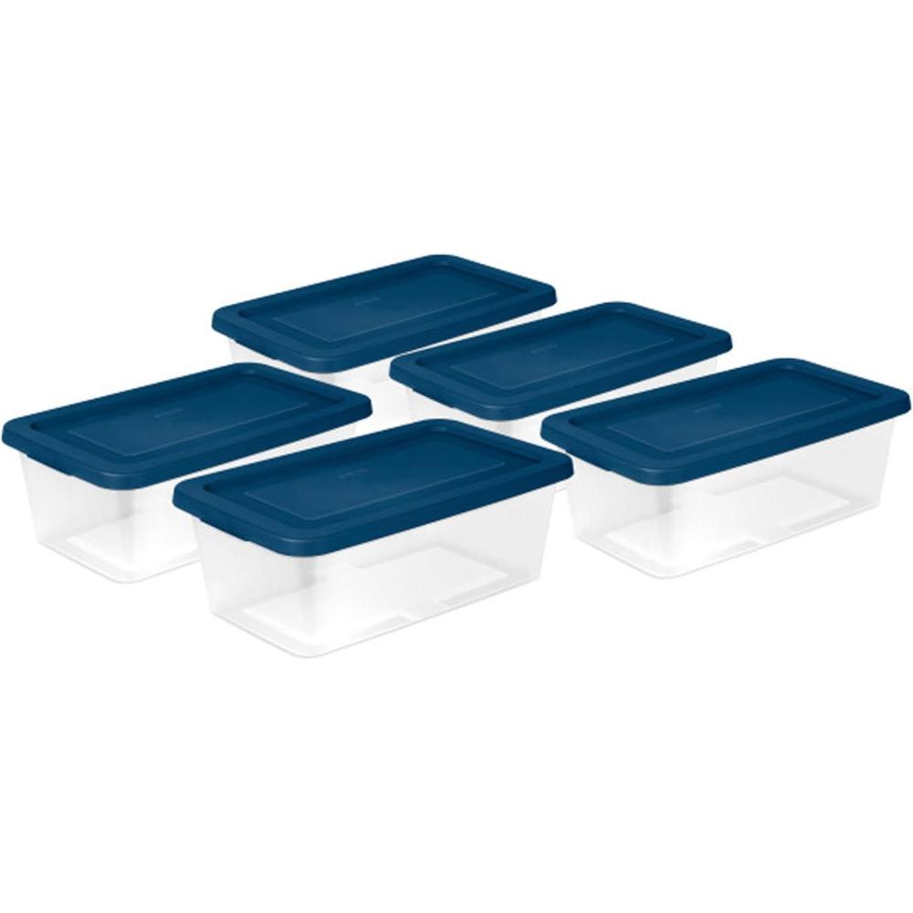 imageSterilite Stackable 6 Quart Clear Home Storage Box with Handles and Blue Lid for Efficient Space Saving Household Storage and Organization 30 PackMarine Blue