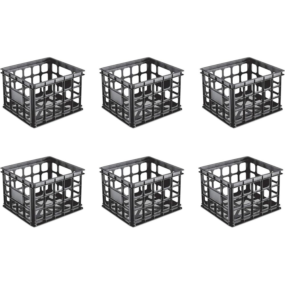 imageSterilite Storage Crate Stackable Plastic Bin Open Basket with Handles Organize Home Garage Office School White 6PackBlack