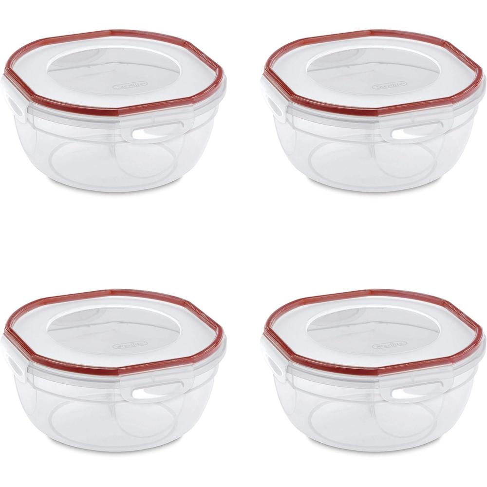 imageSterilite UltraSeal 47 Qt Bowl Large Airtight Food Storage Container Latching Lid Microwave and Dishwasher Safe Clear With Red Gasket 4Pack25 Qt 4Pack