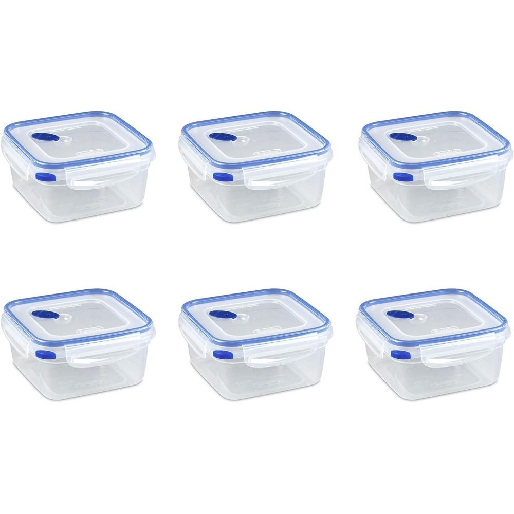 imageSterilite UltraSeal 57 Cup Square Airtight Food Storage Container Latching Lid Microwave and Dishwasher Safe Clear With Blue Gasket 6Pack