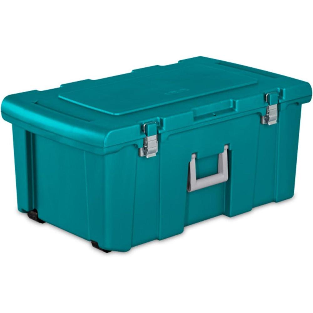 imageSterilite Wheeled Footlocker Lockable Plastic Utility Storage Container BlackBlue