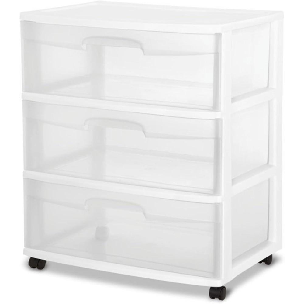 imageSterilite Wide 3 Drawer Storage with Wheels Plastic Rolling Organization Cart White FrameOne Size
