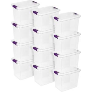 STERILITE 15 Qt ClearView Latch Storage Box, Stackable Bin with Latching Lid, Plastic Container to Organize Shoes in Closet, Clear Base, Lid (Pack of 12)(27 Quart)
