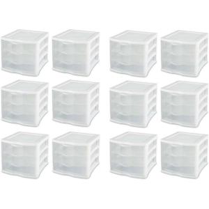 STERILITE 3 Drawer Desktop Storage Unit, Tabletop Organizer for Desk, Countertop at Home, Office, Bathroom, White with Clear Drawers, (Pack of 4)(12 Pack)
